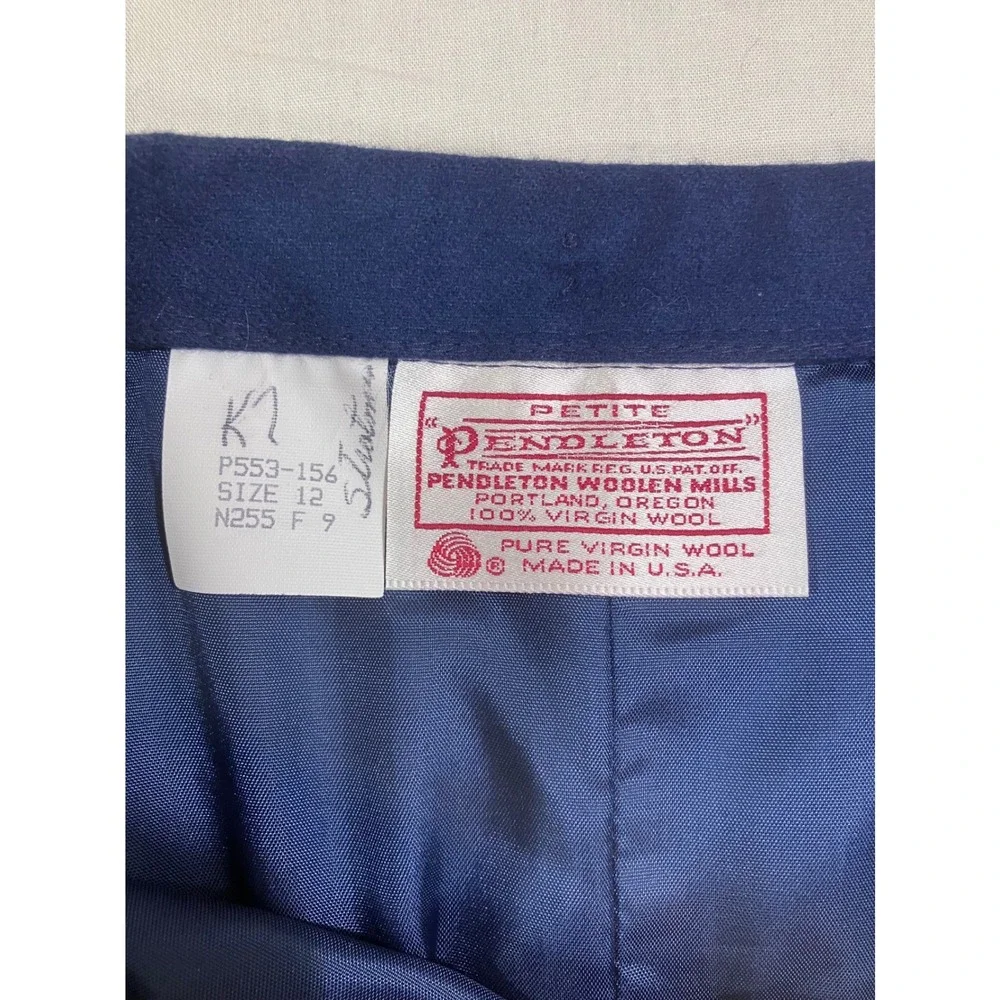 Vintage Pendleton Petite Navy‎ Blue Wool Skirt Suit Set Blazer Size 12 Made USA